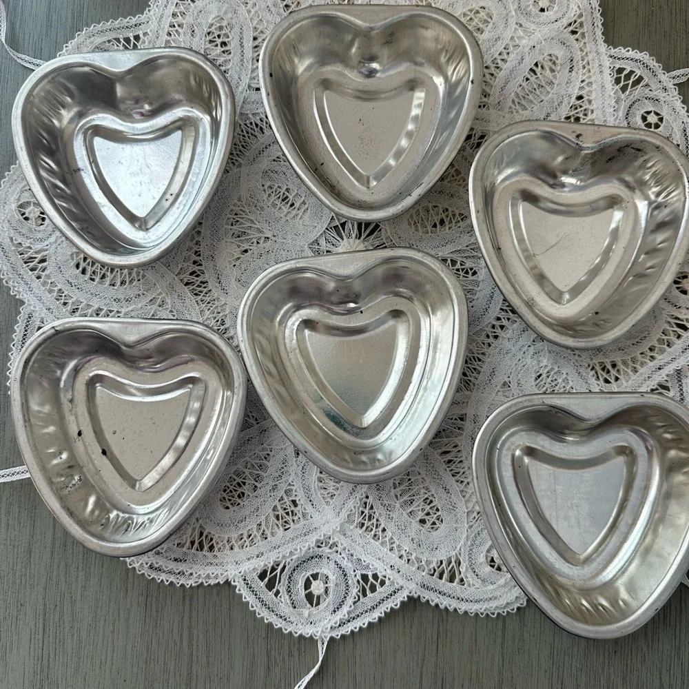Vintage Aluminum Tiny Silver Heart Baking Jello Molds 3.25 inch Lot of 6